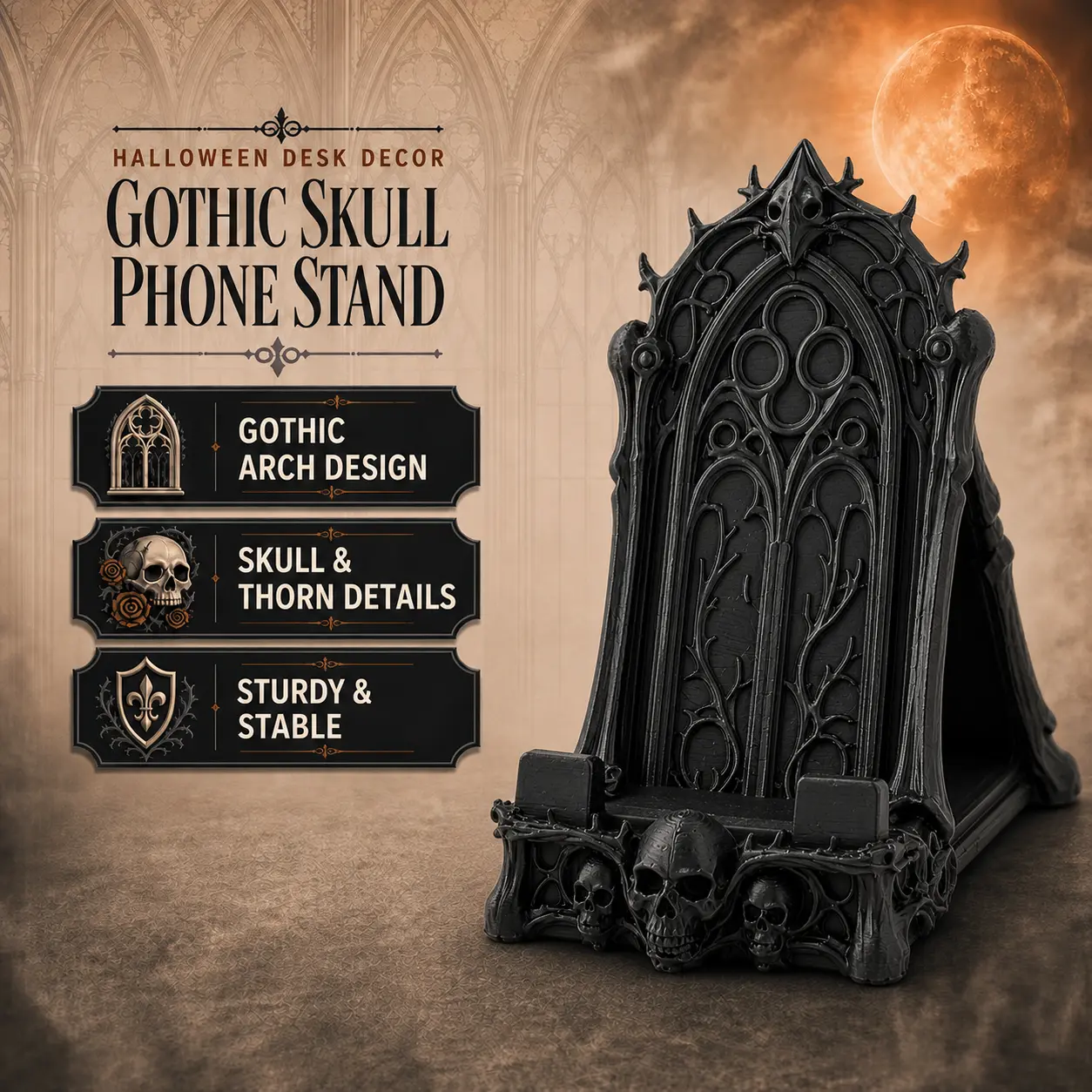 Gothic Skull Phone Stand, Dark Gothic-Style Desktop Phone Holder with Skull and Thorn Details, Black Decorative Desktop Phone Stand, Suitable for Desks, Nightstands, Shelves, and Home Office Decor; A Gift for Gothic Enthusiasts