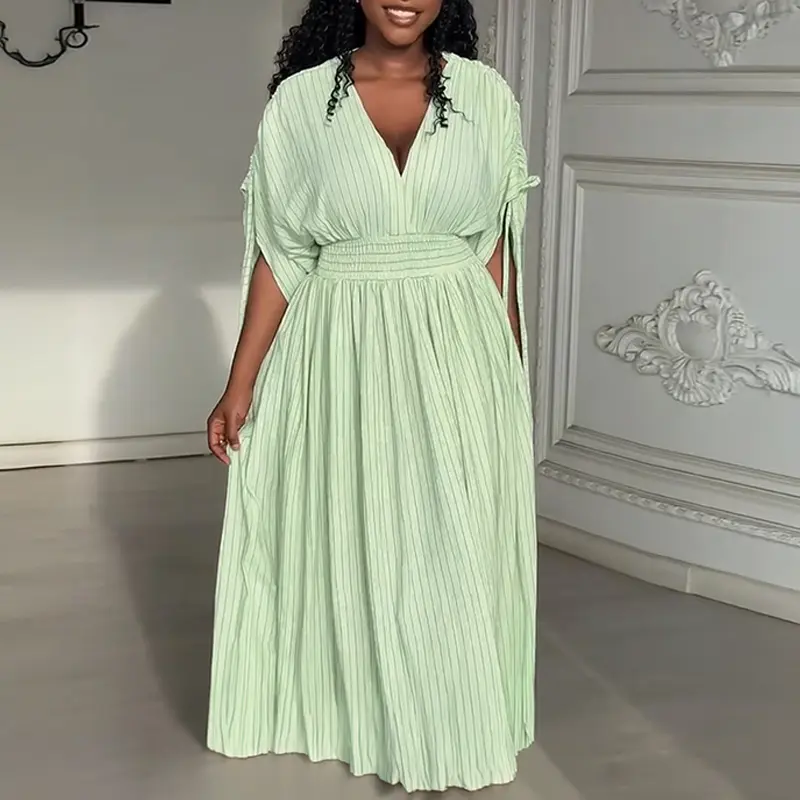 ChicMe Women's Green Dress Striped V Neck Drawstring Sleeve Shirred Waist Maxi Dress Casual Vacation Dress/Summer Dress - TikTok Shop ChicMe Women's Green Dress Striped V Neck Drawstring Sleeve Shirred Waist Maxi Dress Casual Vacation Dress/Summer Dress - TikTok Shop