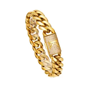 Street Wear 18K Gold Initial Miami Cuban Link Chain with Diamond Clasp 14mm Elegance Design Stainless Steel Charactor A-Z Letter CZ Necklace or Bracelet 7.5 - 30"