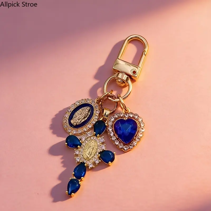 Elegant Religious Gold Cross Keychain with Gemstones Catholic Gift for Men Women Cute Ladies Bag Pendant Fashion Accessories High Quality Decorative Keyring Trendy Bag Car Key Decoration Perfect Holiday Birthday Valentine Gift