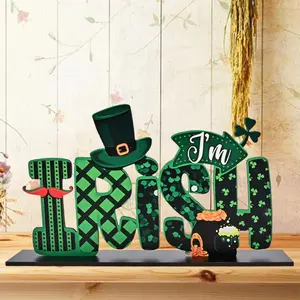 St. Patrick's Day Wooden Centerpiece, 1 Count Letter & Hat & Shamrock Design Desktop Decoration, Festive Decorations for Home & Restaurant, Ornaments, Irish Theme