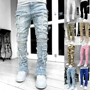 Men’s Individually Patched Long Fitted Stacked Jeans
