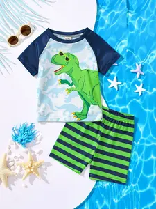 Dinosaur Pattern Swimwear Set, Boy Short Sleeve Split Swim Suit, Sun Protection Quick-Dry Striped Swimsuit, Summer Swimming Gear, Swimsuits With Shorts, Swimsuit Sets