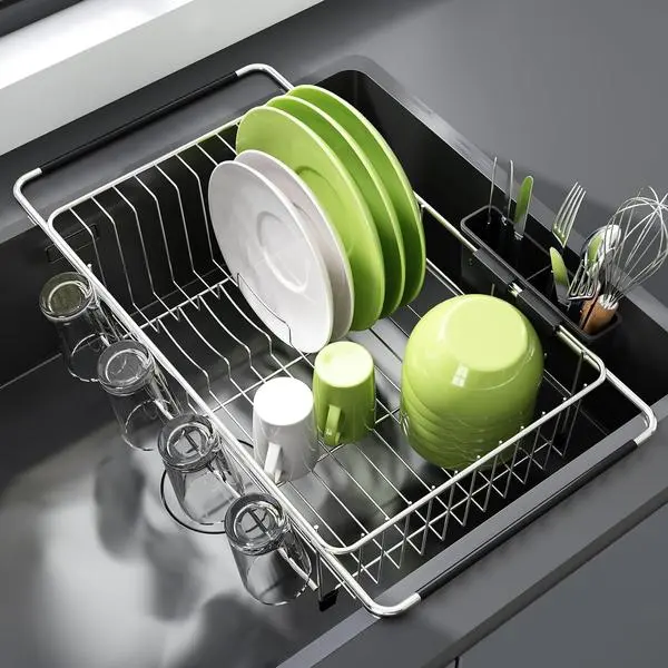 JASIWAY Dish Drying Rack in Sink, Dish Drainer with Cup and Utensil Holder | Over The Sink Expandable Stainless Steel Strainer Dryer Rack for Small Kitchen, Counter Space Saving, Fast Drain, Rustproof