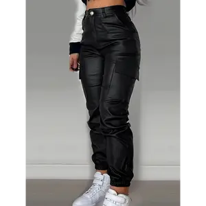 Women's PU Leather Motorcycle Pants - Stylish Zipper Pleated With Fashionable Side Pockets, Casual High-Waisted Patch Bag Leggings, Skinny Fit, Streetwear For Women Perfect for Fall & Winter Gift Fashionistas