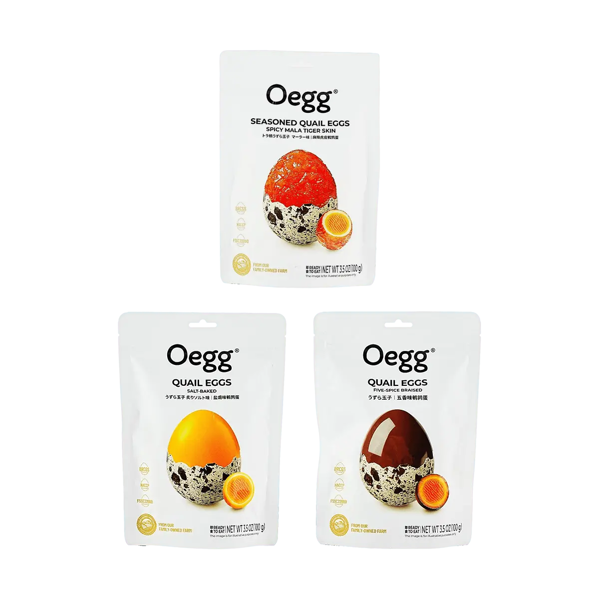 Oegg Quail Eggs Snack - Spicy Tiger Skin, Five Spice & Salt Baked Flavors - 3 Flavor Variety Pack - 100g x 3 Bags