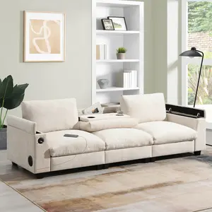 VJIAIEO 96*35''Chenille Sectional Sofa with Bluetooth Speaker,Comfy Cloud Couch Set with Drop Down Table,Cup Holders,USB Charger,Storage Armrest,Wide Seat Sofa for Living Room,Apartment,Office