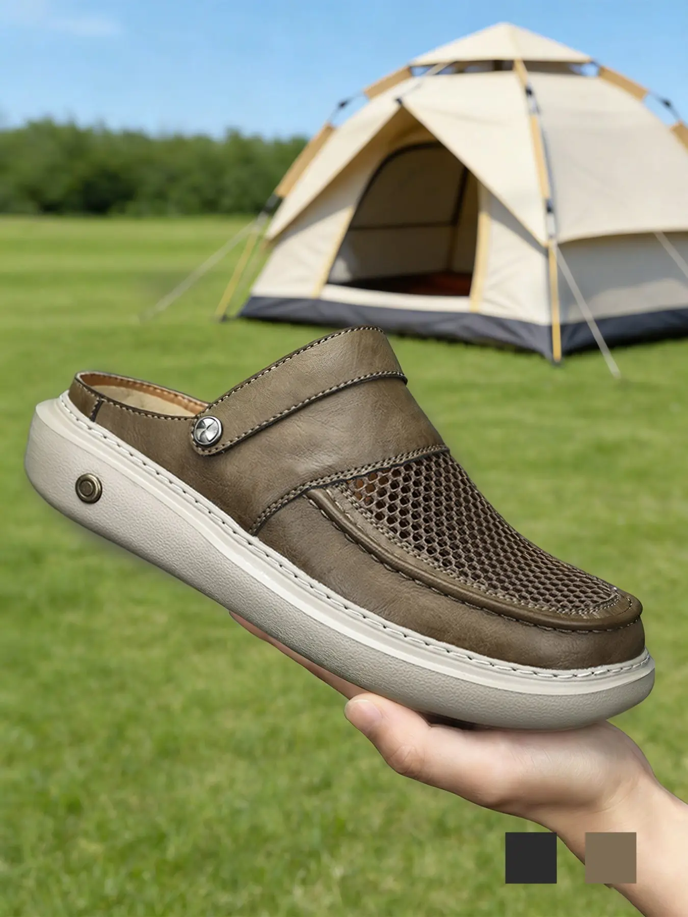 Men's Perforated Slingback Clog, Soft Clogs, Breathable Mesh Two-Way Wear Slippers, Lightweight Non-Slip Backless Loafers, Soft Cushioned Vegan Leather Casual Shoes, Retro Summer Athletic Outdoor Sandals for Beach Travel, Footwear, Walking Shoes