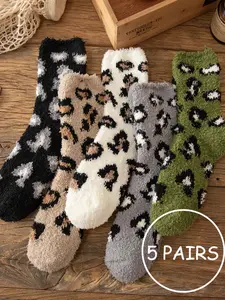 5 Pairs Cute Leopard Print Plush, Cozy Animal Patterned Socks Set for Warmth and Style, Ideal Gift for Friends and Family Wear