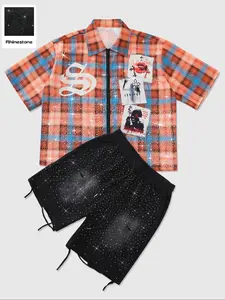 Men's Summer Two-Piece Set, Gothic Face Rhinestone Plaid Shirt & Drawstring Shorts, Casual Fashion Outdoor Wear