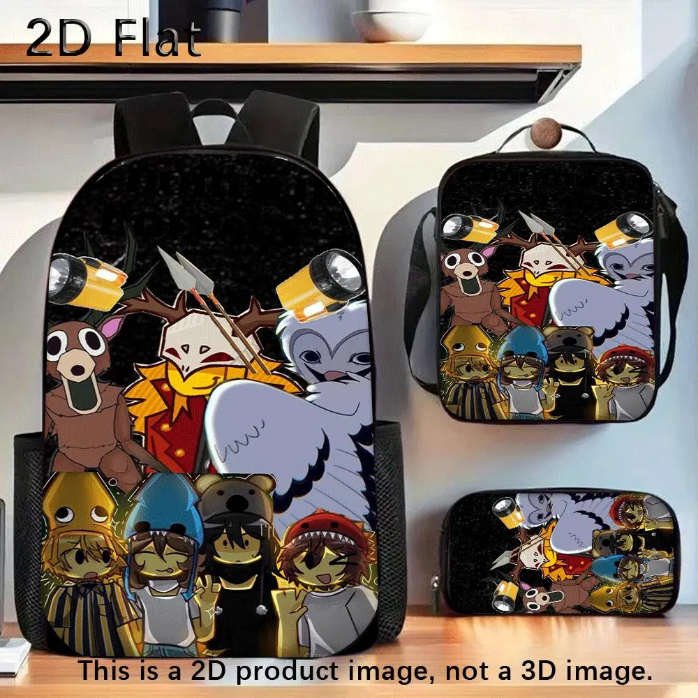 Durable Water Resistant 3-Piece Backpack Set for Kids, Lightweight School Bag with Lunch Box, Featuring Cartoon Deer, Owl & Explorer Character Collage Full-Print, Headlamp & Spear Detail on Speckled Black Background for Horror Game Fans Daily School & Out