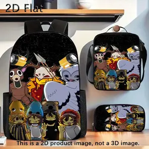 Durable Water Resistant 3-Piece Backpack Set for Kids, Lightweight School Bag with Lunch Box, Featuring Cartoon Deer, Owl & Explorer Character Collage Full-Print, Headlamp & Spear Detail on Speckled Black Background for Horror Game Fans Daily School & Out