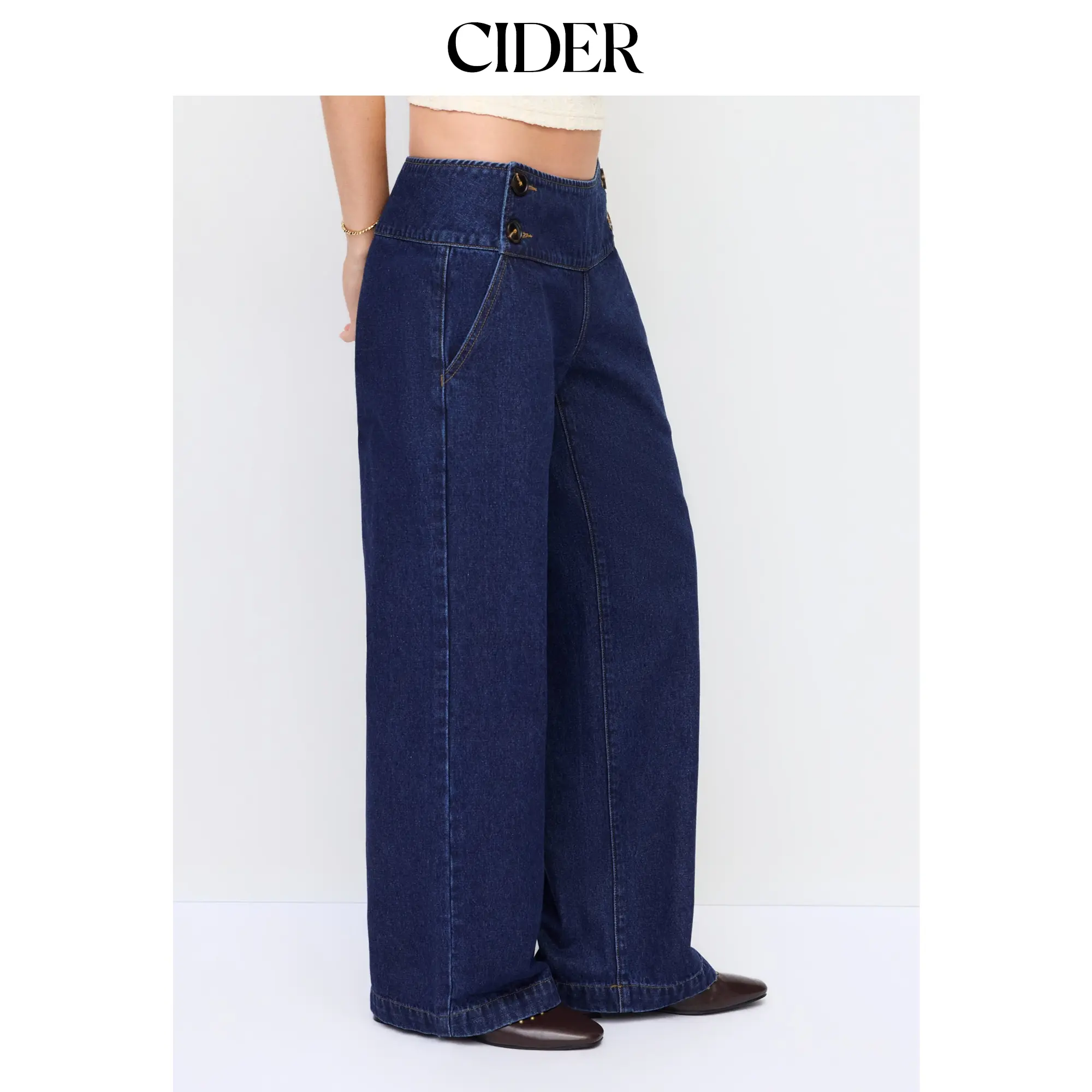 Cider Denim Low Rise Washed Button Detail Wide Leg Jeans