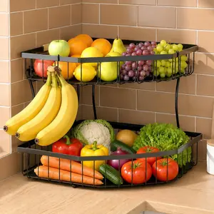 2 Tier Fruit Basket for Kitchen Counter - Detachable Metal Fruit Bowl with 2 Banana Hangers for Corner , Large Capacity Fruit Stand with Wooden Handle for Bread Fruit and Vegetable Storage Tequie