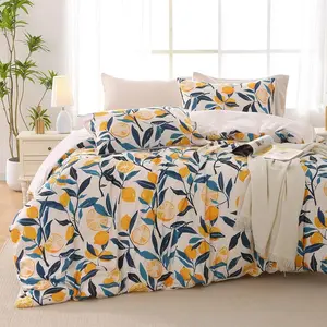 JOLLYVOGUE Duvet Cover Queen Size, Reversible Floral Vintage Duvet Cover Set with Zipper Closure, 3 Pieces Botanical Patterns Soft Microfiber Bedding Set (90"x90", 2 Pillow Cases, Lemon Flower Green)