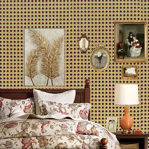 1 Piece 3D Honeycomb Grid PVC Self-Adhesive Wallpaper | Chinese Style Bamboo Weave Vintage Bamboo Mat Design, Japanese Minimalist | 45cm*300cm (17.72in*118.11in) | for Guesthouse, Living Room & Bedroom Renovation