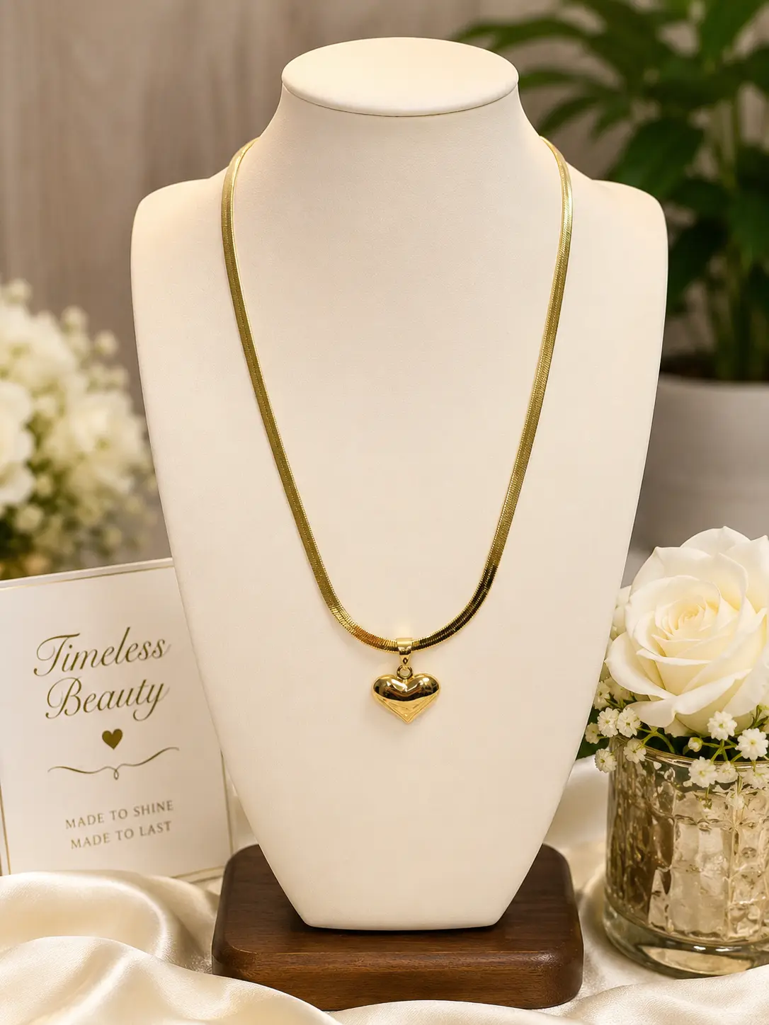 4mm Herringbone Heart Necklace 18” 14k Gold Plated
