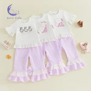 Toddler Girl Summer 2-Piece Clothing Set, Fashionable Short-Sleeve Letter Print Top with Bell Bottoms