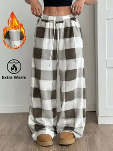 Women's High-Waisted Checked Fleece Pants, Casual Lounge Pants, thickened for warmth, with loose checkered patterns, an elastic waist with drawstring, and a loose fit. Suitable for home, daily wear in autumn and winter