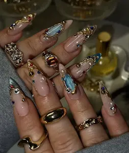 [FLASH SALE 50%] Colorful Crystal Press On Nails/Handmade Gel Nails In Long Stiletto/Glue On Nails/False Nails/Birthday Holiday Autumn Nails/Gift for Her