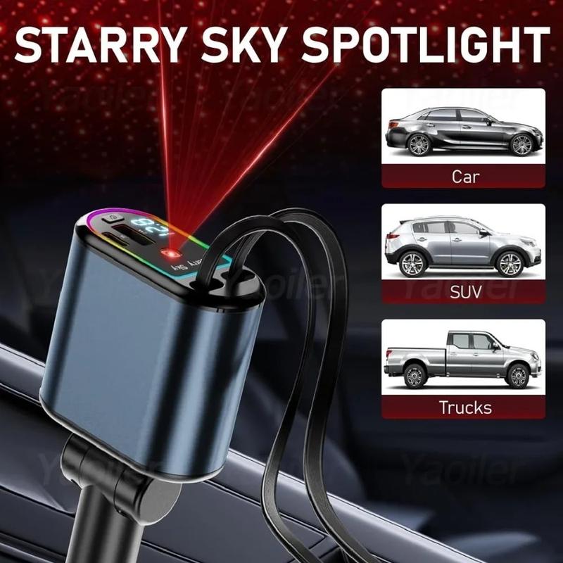 4-in-1 Starry Sky Retractable Car Charger 120W Top Projection Light Four-In-One Type-C+Lightning Dual Wires Usb+Pd Expansion Socket