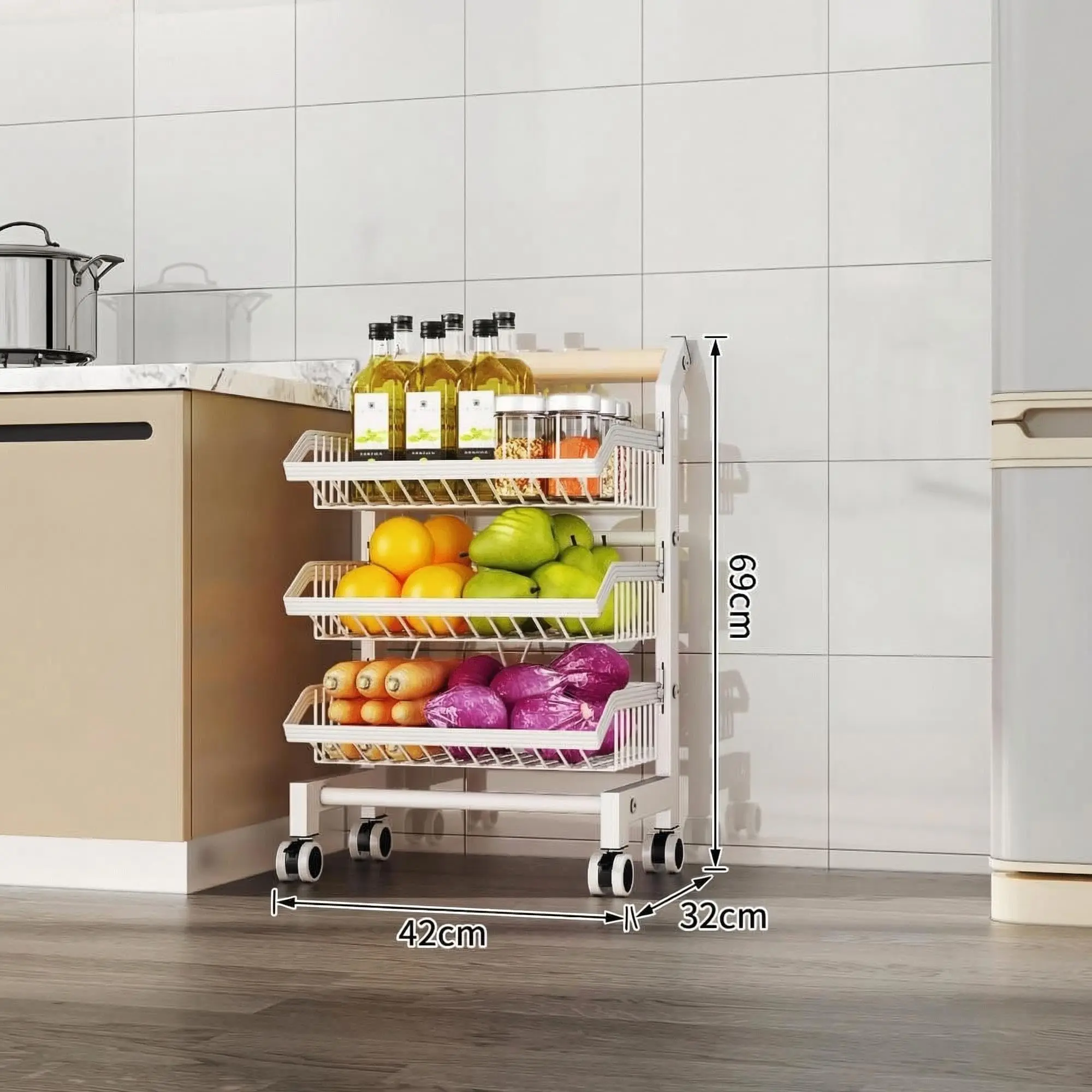 3-Tier Heavy Load Vegetable Organiser, Smooth Rolling Kitchen/Utility Trolley with Locking Wheels, Durable Metal Frame & Wood Handle for Pantry, Fruit Storage