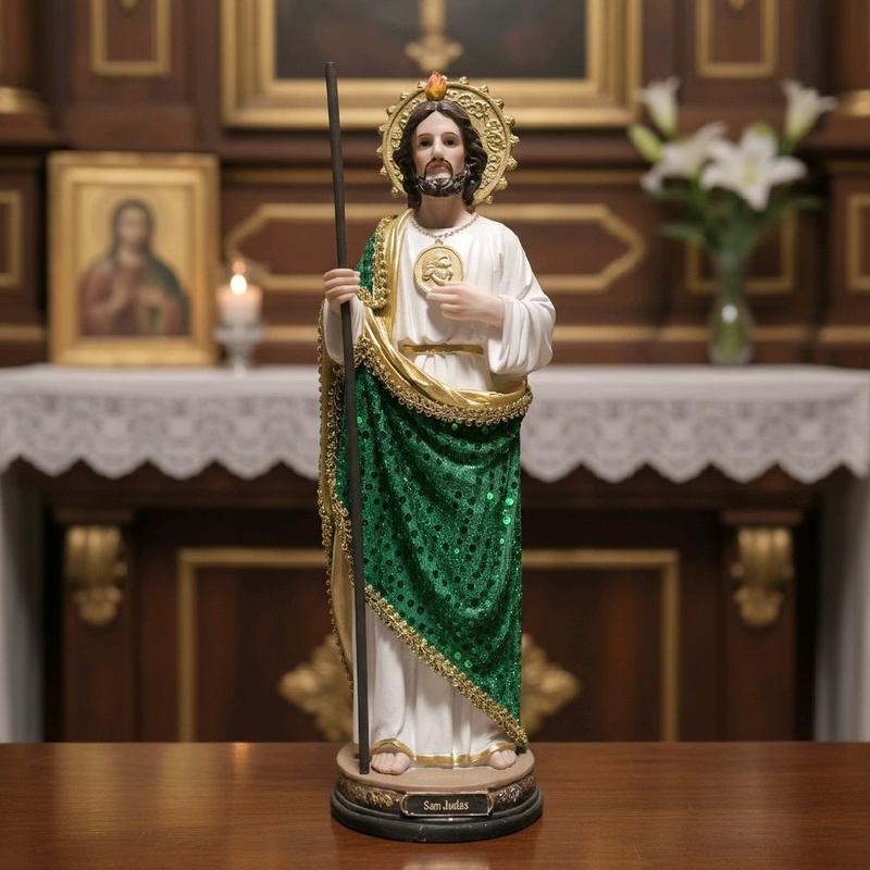 San Judas Tadeo Statue 16" - Patron of Impossible Causes Spiritual Protection with Green Mantle & Gold Accents for Altars Home Protection Religious