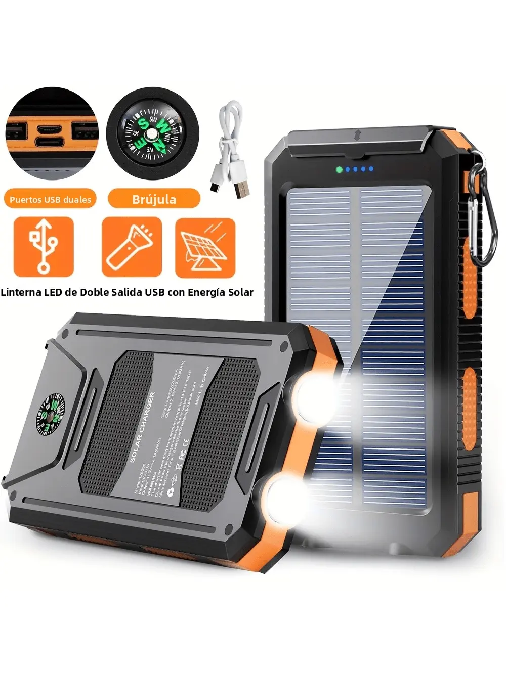 10000mAh Solar Power Bank, Pocket Compact IP65 Waterproof Charger, 3 Output Ports Type-C 5V/2.1A High-Speed Charging, Built-In LED Emergency Flashlight, Shockproof Orange Power Supply for Smartphones & Mobile Electronic Accessories ﻿