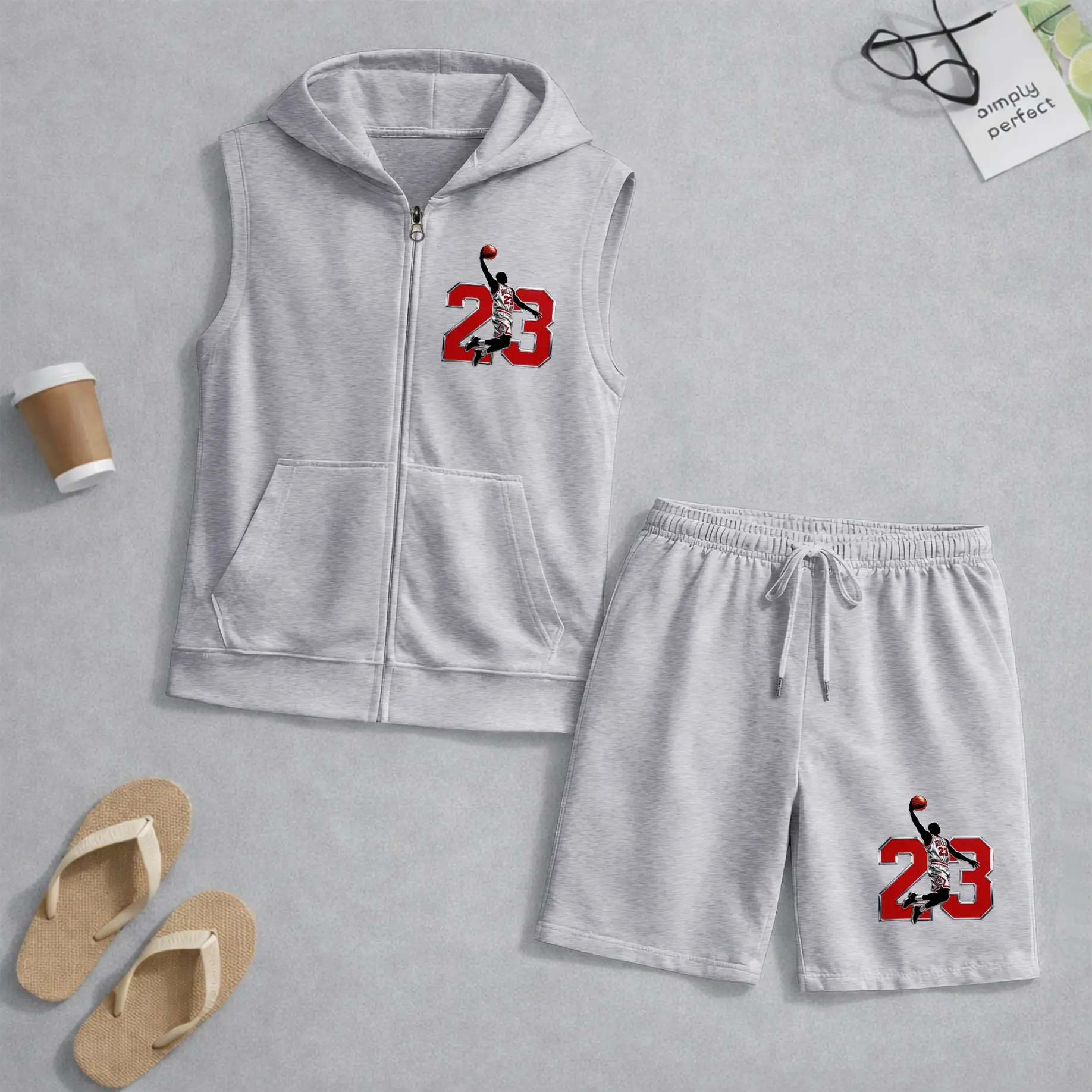 Men's 23 Basketball Player Graphic Sleeveless Hoodie Shorts Set 2 Piece Outfit Number 23 Dunk Print Zip Up Hooded Vest Drawstring Shorts Summer Casual Gym Workout Streetwear Breathable Lightweight Athletic Lounge Set