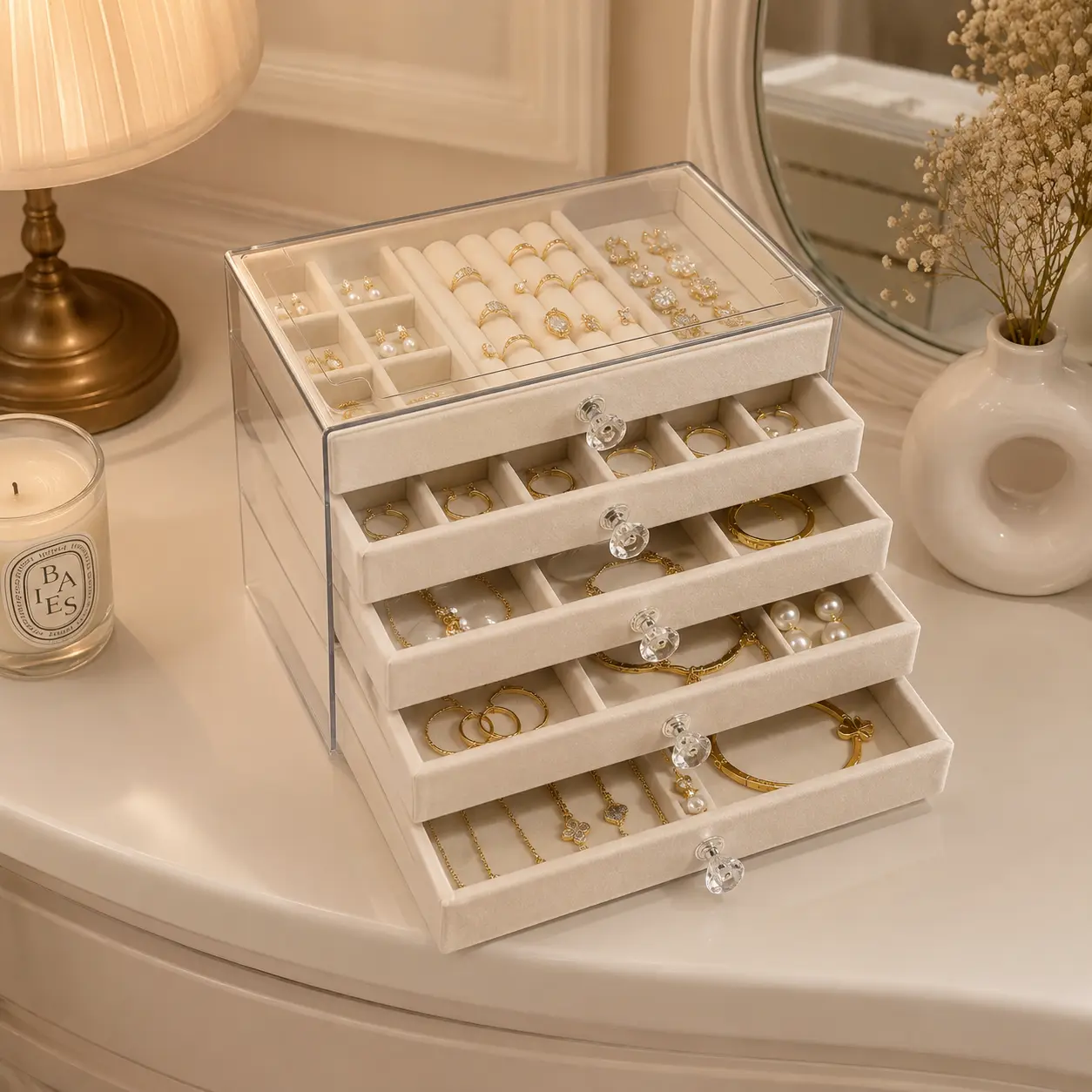 5-Layer Clear Acrylic Jewelry Organizer Box for Women, Stackable Jewelry Storage Case with 5 Velvet Drawers and Removable Dividers, Jewelry Display Organizer for Earrings, Necklaces, Rings and Bracelets, Dresser Vanity Gift