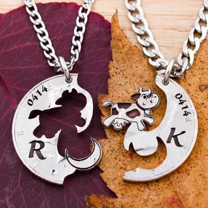 Cow Jumped Over the Moon Necklaces with Custom Initials and Dates Engraved, Best Friends or Couples Gifts, BFF, Interlocking Ha