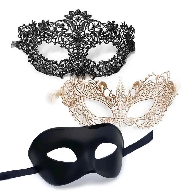 3 Pack Masquerade Masks - Black Lace Mask with Detailed Floral Designs, Golden - Embellished Mask with Fancy Patterns and Black Mask for A Timeless Look - Perfect for Masquerade Parties, Halloween, Carnival and Themed Celebrations