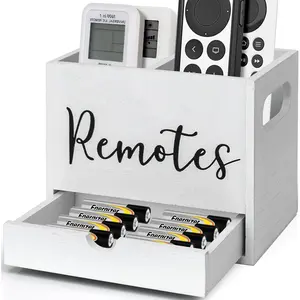 Remote Control Holder, 2 Slot TV Remote Holder& Desk Organizer with Drawers, Remote Organizer  for Table, Wooden Remote Box for Nightstand,Media Storage Box for Living Room, Bed (White)