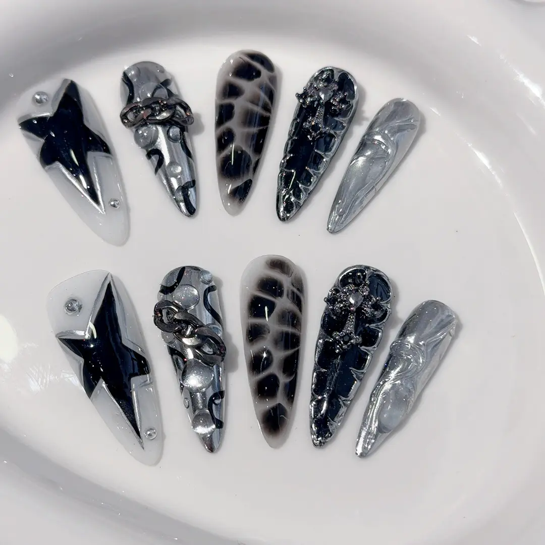 10PCS Reusable Fake Nails for Christmas and Halloween, 3D Decoration Press on Nails for Woman, Handmade Long Almond Cool Festival Nails