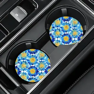2pcs Blue and Golden Moroccan Style Arabic Car Cup Holder- PU Non-Slip Drink Holder, 2.75inch Round Car Ashtray Coaster, Suitable for Center Console, Dashboard, SUV and Sedan(Blue/Yellow/Golden),  Center Console Cup Holder, Stylish Drink Coaster