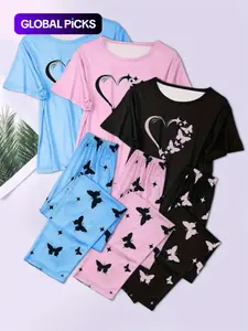 6-Piece Heart Print Pajama Set, Short Sleeve Round Neck Top and Elastic Waist Pants, Women's Sleepwear and Casual Wear, All Seasons