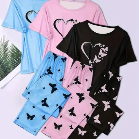 6-Piece Aesthetic Heart Butterfly Print Knitting Pajama Set, Short Sleeve Round Neck Top and Elastic Waist Pants, Women's Sleepwear, Pyjamas, Loungewear and Casual Wear, All Seasons, Cute