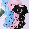 6-Piece Aesthetic Heart Butterfly Print Knitting Pajama Set, Short Sleeve Round Neck Top and Elastic Waist Pants, Women's Sleepwear, Pyjamas, Loungewear and Casual Wear, All Seasons, Cute