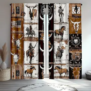 Two piece set of Wild West Cowboy Athletic style semi blackout curtains, made of semi transparent polyester material, featuring denim, bull bones, and American flag patterns, suitable for bedrooms, living rooms, and farmhouse style curtains