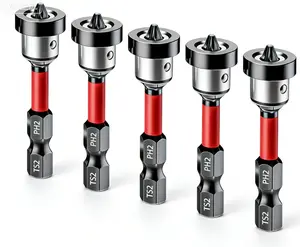 5pcs Drywall Bit Attachment with Depth Stop, PH2 Magnetic Drywall Screwdriver Bits for Countersinking Drywall Screws in Plasterboard, 1/4 Inch Hex Shank Plasterboard Bit