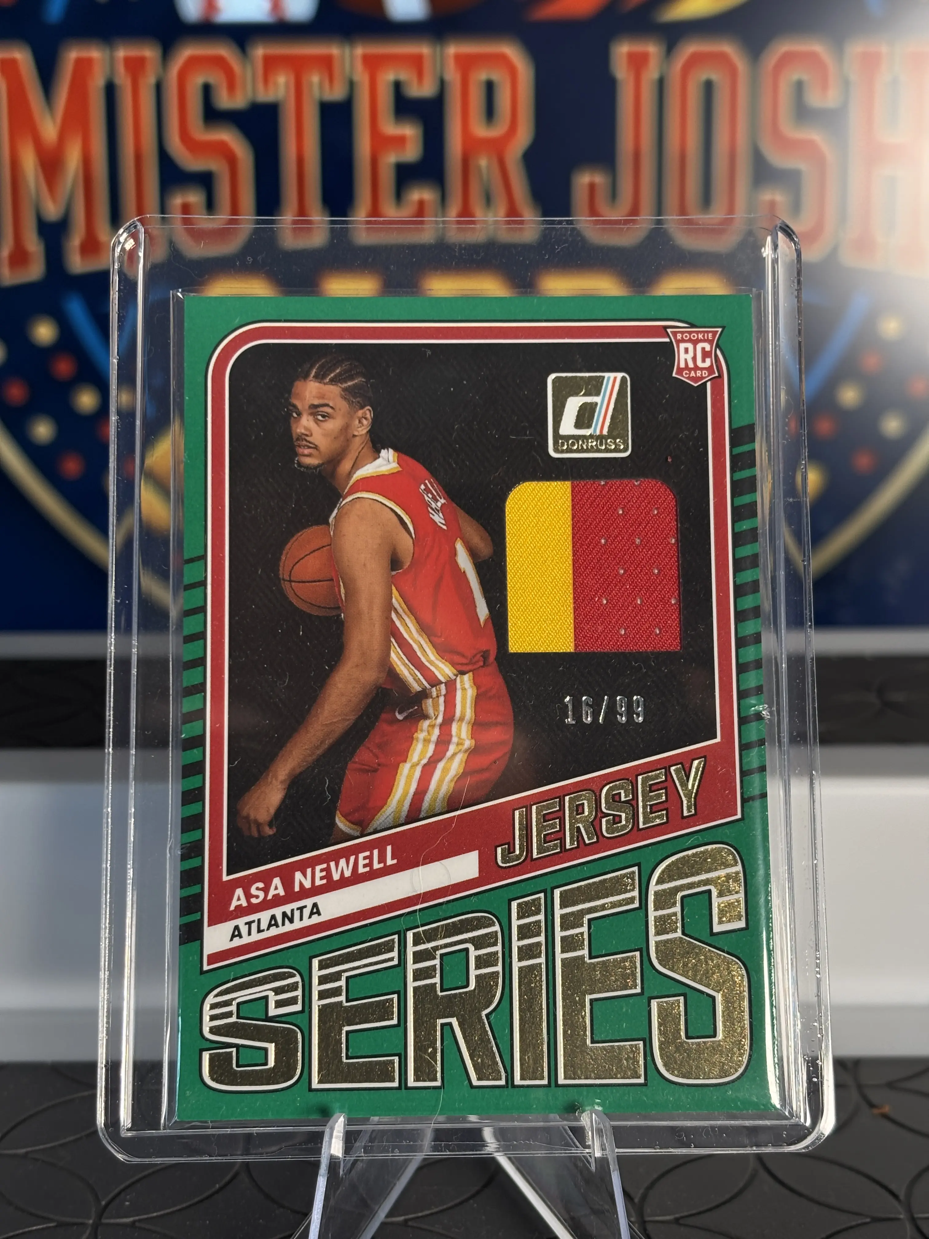 Asa Newell Jersey Patch Rookie Card /99, 2025-26 Donruss Basketball Jersey Series, Card #JS-ANH, 2-Color patch #16/99, Atlanta Hawks