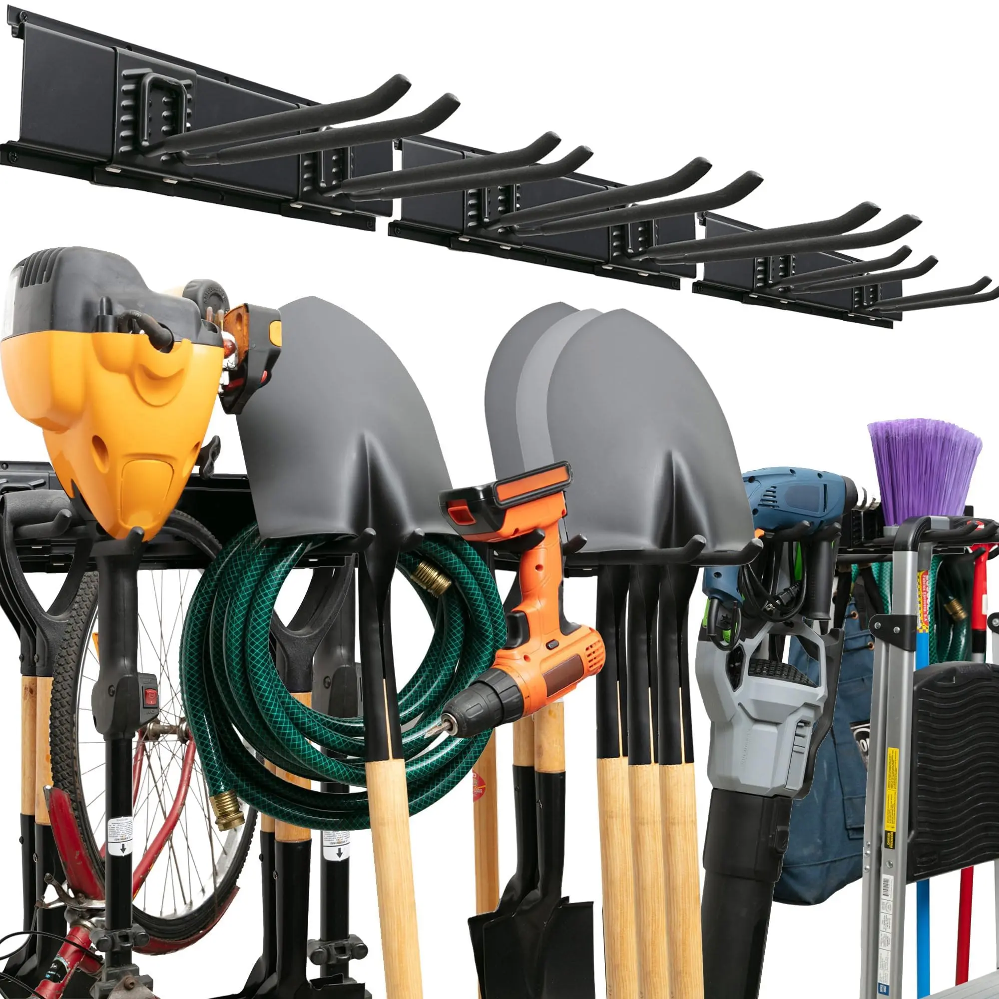 Garage Tool Organizer Wall Mount - Sturdy Storage Rack with Adjustable Hooks, Anti-Rust - Easy Installation, 300lbs Capacity - Garden Tool Organizer (1 Rack & 2 Hooks)