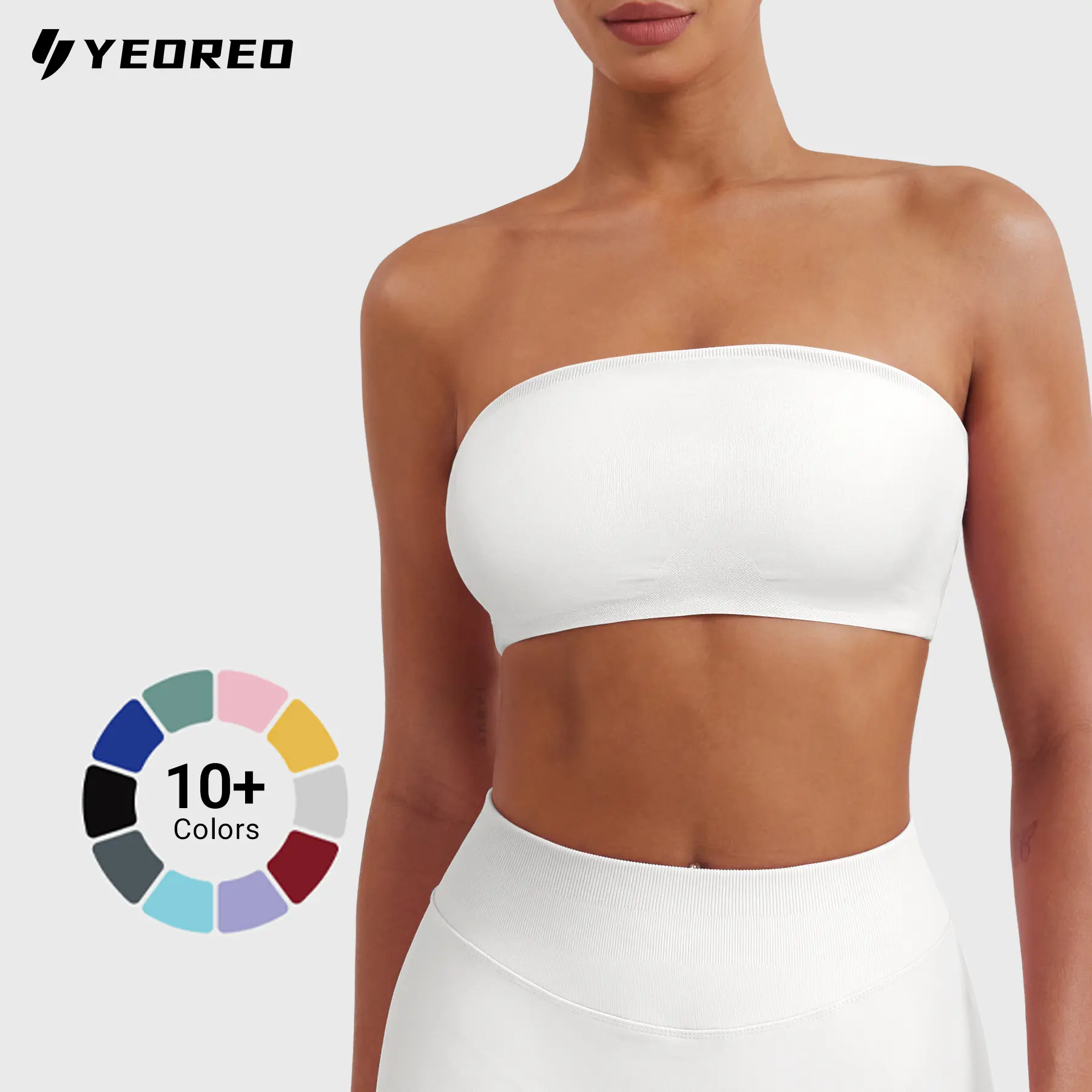 YEOREO Women's Twill Strapless Workout Sports Bra - Seamless Padded Wireless Ribbed Texture Upperburst, Silicone Strip Edge Grip Universal Tube Top for Womens Fitness, Gym Wear