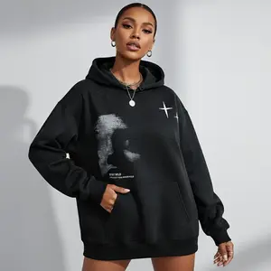 Women's face & letter print hoodie Graphic Hoodie -Long Sleeve Pullover Regular Fit | Soft & Breathable Fabric, Durable Print, Everyday Comfort, Machine Washable, grunge goth streetwear minimalist graphic