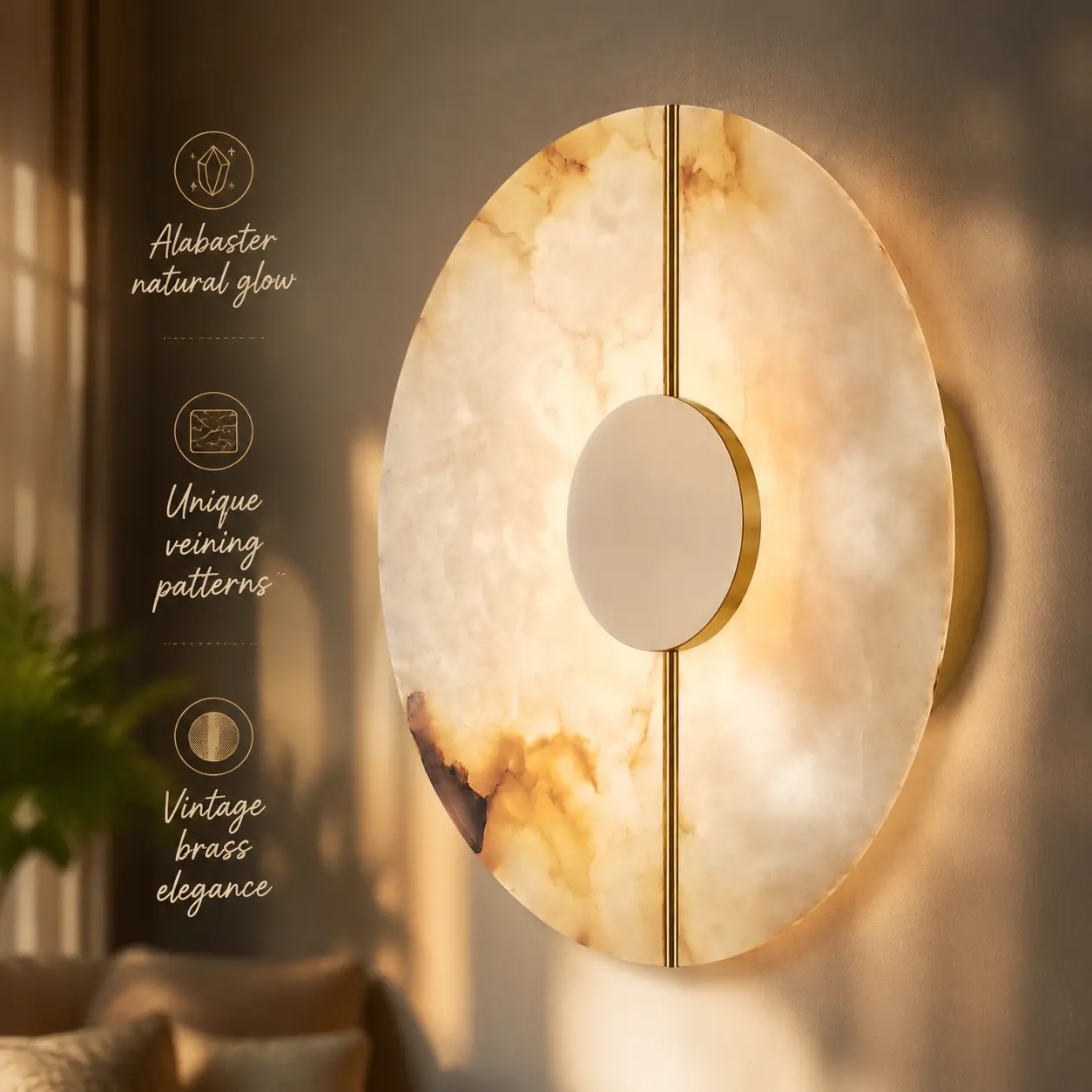 White Alabaster Wall Sconce Brass Natural Marble Wall Sconce Vintage Gold Round Store Modern LED Wall Light Fixture Mid Century Wall Mounted Lamp for Bedroom Hallway Living Room Bathroom