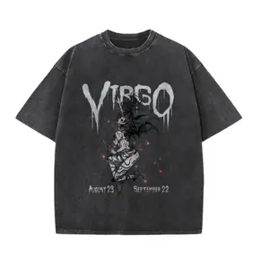Vintage Washed Black Unisex T-Shirt – Dark Virgo Zodiac Witch Girl Graphic, Oversized Fit for Outdoor Streetwear & Gothic Aesthetic