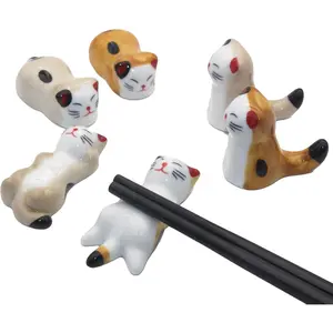 6 Pack Chopsticks Rest Set, Ceramic Chopsticks Holder Rack Spoon Stand Knife Fork Holder for Dinner Home Kitchen (Cute Cat)