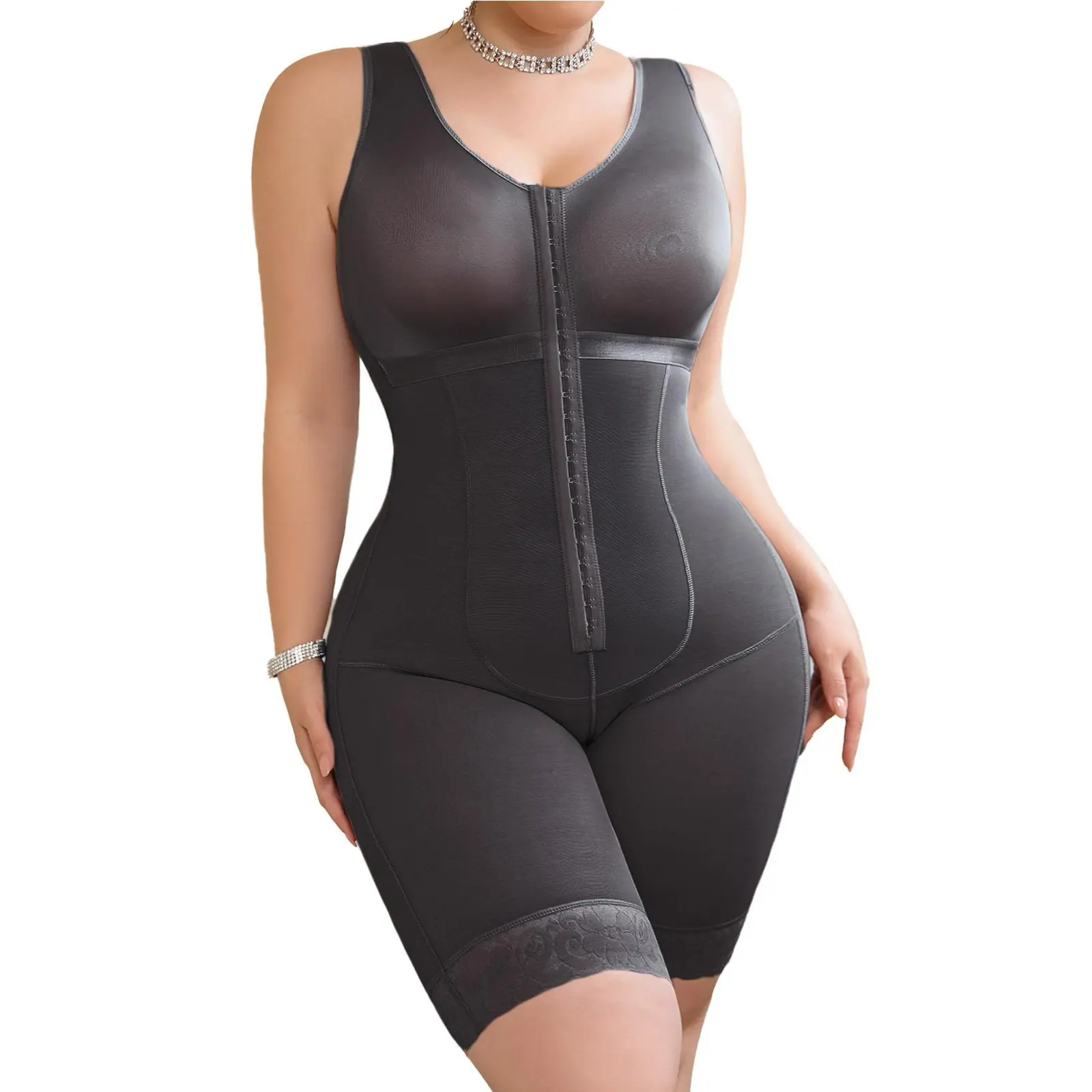Women's Colombian Fajas Shapewear Bodysuit - Spandex-Nylon Blend, Tummy Control, Adjustable Hook Closure, Ultra Stretch, Customizable Fit, Breathable Mesh, Compression Support, Lace Accents, Bra, Fabric, Wedding, Basic, Silky, Elastane, Solid, Hook And Ey