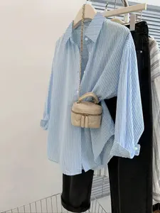 Elegant Women's Blue Striped Shirt, Loose Fit Casual Fashion Top, Perfect for Daily Wear & Commuting, Versatile Style for All Seasons