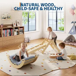 7-in-1 Educational Wooden Climbing Frame Triangle Climbing Set for Toddlers – Collapsible Triangle, Arch, Ramp & Ladder – Indoor Baby Gym Equipment, Natural Wood, CPC Certified